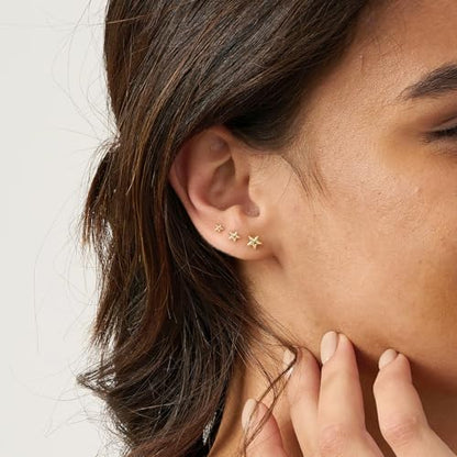 3 Pair Tiny Flat Back Earrings for Women - 14K Gold/White Gold Plated Dainty Cute Small Screw Flatback Stud Earring, Everyday Wear Gift - color: Gold-Star Flat 4/5/6mm