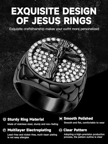 Men's Cross Ring Stainless Steel Cubic Zirconia Crucifix for Men, 18K Gold Plated, Black, Silver Religious Christian Jesus Ring, Size 7-14 - color: 03. Black-Jesus Crucifix