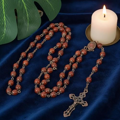 Nazareth Store Natural Stone Beads 8mm Rosary Necklace Antique Copper Design Holy Soil Medal & Cross in Velvet Bag - Catholic Rosaries Terra Santa Jerusalem Collection - color: Red Carnelian