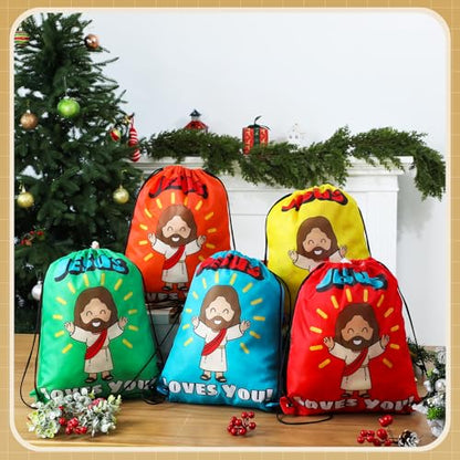 24 Pcs Religious Drawstring Bags Bulk Christian Gift Bags, Jesus Loves You Vbs Backpacks for Sunday School, Bible Drawstring Backpack Graduation Church Camp Party Favors - style: Jesus Loves You