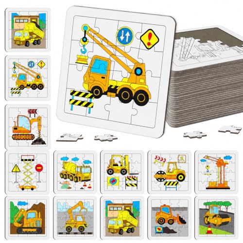 Cinrobiye 24 Pcs Construction Coloring Jigsaw Craft Kit for Kids, DIY Engineering Vehicle Activity Set Bulk with 12 Designs, Excavator Birthday Party Favors, Classroom Art Projects - color: Construction