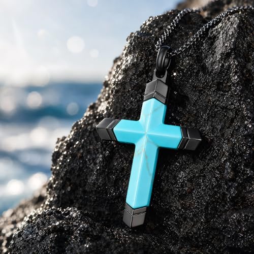 Lapis Lazuli/Amethyst Cross Necklace for Men Waterproof and Sweat-Resistant Suitable for both men and women With Adjustable Box Chain Christian Jewelry Father Day Gifts for Men - color: Black&Sky Blue