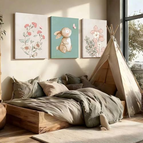 Framed Nursery Wall Art Set of 3 Pink Flower Botanical Pictures 16x24 In - color: Bunny(Canvas), size: 24"L x 16"W