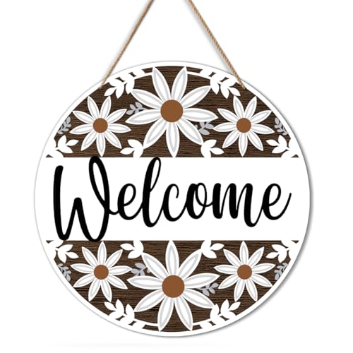 Wildflower Wooden Welcome Sign, Floral Front Door Hanging Sign, Rustic Farmhouse Door Decor for Porch, Entryway, Wall or Window, Indoor Outdoor Welcome Decoration, 10 x 10 Inches - C05 - color: B Gray