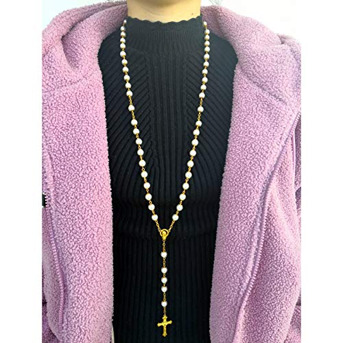 Rosary Beads Catholic for Women Girls, First Holy Communion Rosary Gifts for Girls Catholic, Gold White Rosary Necklace for Women Imitation Pearl Beads Necklace Rosarios Catolicos - color: White