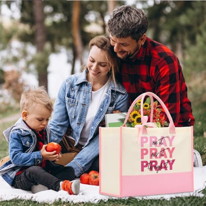 jeilink Inspirational Religious Gifts Boss Mom Birthday Christmas Tote Bag Canvas Reusable Grocery Beach Tote Black Pink - color: Pray on It 1143