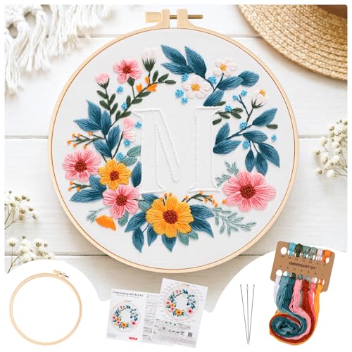 Zerzsy 7.87 '' Embroidery Kits Plant Flower Leaf English Letter Patterns for Beginners Adults, Easy to Learn Cross Stitch Kit for Home Office Decor - color: Letter M