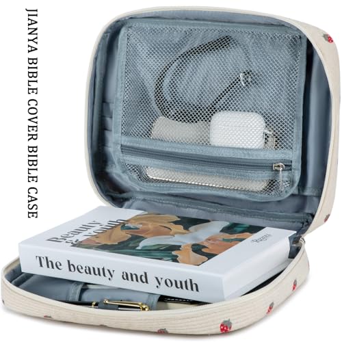 JIANYA Bible Cover Case for Women, Strawberry Bible Carrying Case Bible Carrier Bag for Girls with Handle and Zipper Pocket
