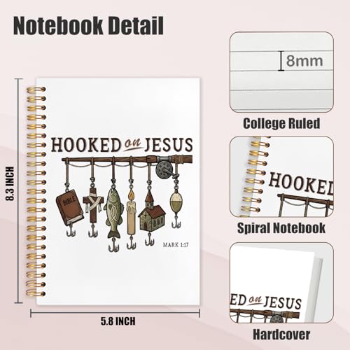 Christian Fishing Spiral Notebook Journal 5.5x8.3in, Faith Journal for Men, Hooked on Jesus Angler Religious Scripture Hardcover Notebook for Church Study Work Office - color: Hooked on Jesus Angler Religious