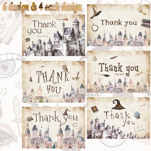 60 Pieces Magic Wizard Baby Shower Thank You Cards,Castle Themed Thank You Card Includes 30 Pieces Envelopes and 30 Pieces Wizard Cards with Stickers for Baby Shower Wedding Bridal Halloween (Castle) - color: Castle