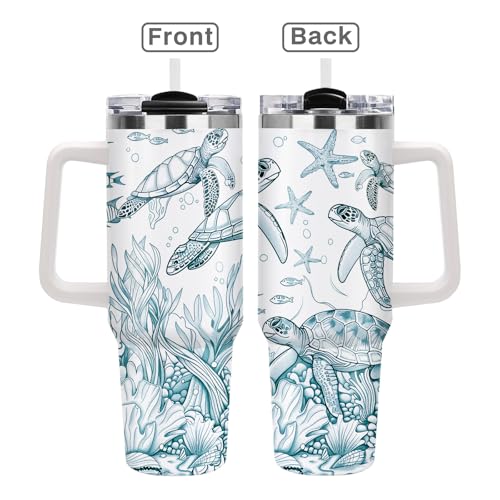 40oz Sea Turtle Tumbler with Straw Handle, Ocean Theme Gifts for Women Girls, Marine Life Stainless Steel Insulated Travel Coffee Mug Drink Cup for Teenagers Youth Birthday Graduation Beach Vacation - color: Sea Turtle-D-177