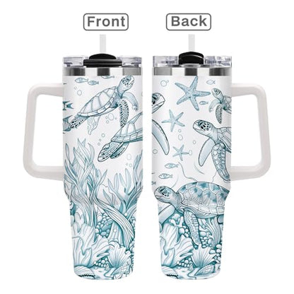 40oz Sea Turtle Tumbler with Straw Handle, Ocean Theme Gifts for Women Girls, Marine Life Stainless Steel Insulated Travel Coffee Mug Drink Cup for Teenagers Youth Birthday Graduation Beach Vacation - color: Sea Turtle-D-177