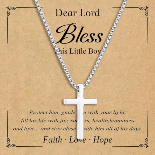 Small Cross Necklace for Boys Baptism Christmas Confirmation Valentines Easter Birthday Gifts to Teens Son Grandson Nephew - color: silver, style: bless this boy-1
