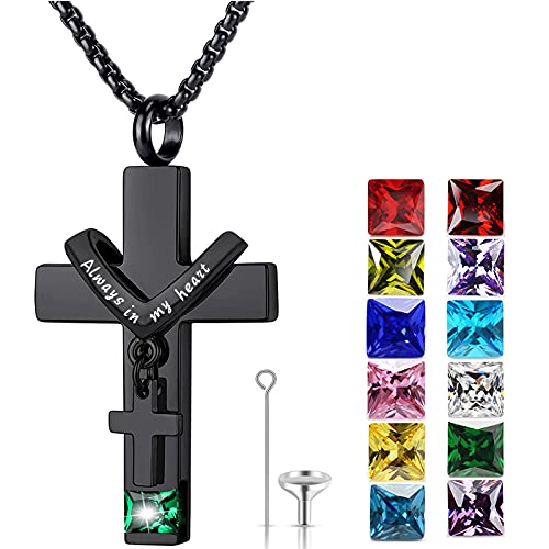YOUFENG Birthstones Urn Necklaces for Ashes Cross Cremation Pendant Urns for Human Ashes Memorial Keepsake Locket Jewelry - style: May-birthstones