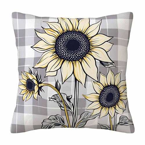 Rustic Farmhouse Floral Throw Pillow Cover,Sunflowers on Gray and White Plaid Decorative Pillow Case,Country Style Sunflower Cotton Linen Cushion Case for Home Decor 18 * 18 Inch - color: Settype07