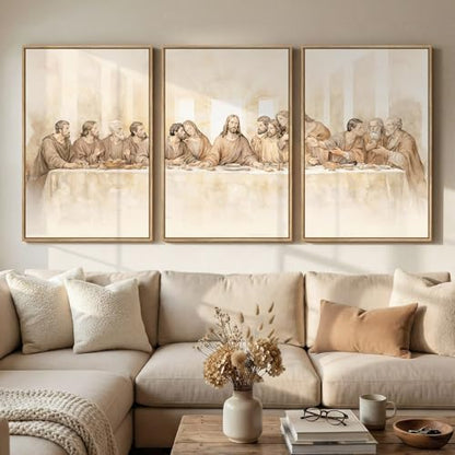 Large Framed The Last Supper 3 Piece Wall Art for Dining Room, 24x36 In - color: Last Supper, size: 24"W x 36"H