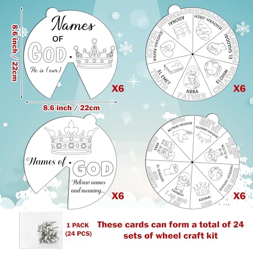 COcnny Religious Christian Craft for Kids - 24 Sets Color Your Own God’s Name Art Craft Cards, DIY Coloring God Wheel Paper Kit for Church Sunday School Home Class Bible VBS Activities - style: Names of God