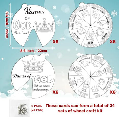 COcnny Religious Christian Craft for Kids - 24 Sets Color Your Own God’s Name Art Craft Cards, DIY Coloring God Wheel Paper Kit for Church Sunday School Home Class Bible VBS Activities - style: Names of God