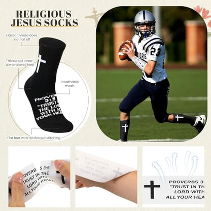 TrelaCo 2 Sets Cross Grip Socks with 2 Pcs Christian Athletic Tape Jesus Soccer Grip Socks Cotton Sports Athletic Tape Serrated Edges for Easter Gifts Football Baseball(Black White,Proverbs 3:5) - color: Proverbs 3:5