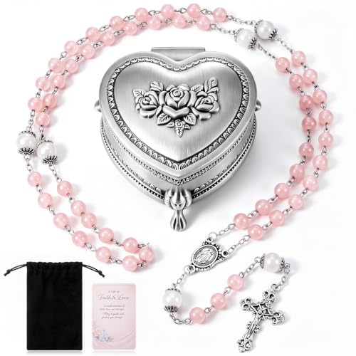Liliaafar Catholic Handmade Rosary Necklace Beads Crucifix Cross Christian Set for Women Men Daily Decor Birthday First Communion Family Baptism Blessing Gift - color: Pink, style: Chalcedony Beads