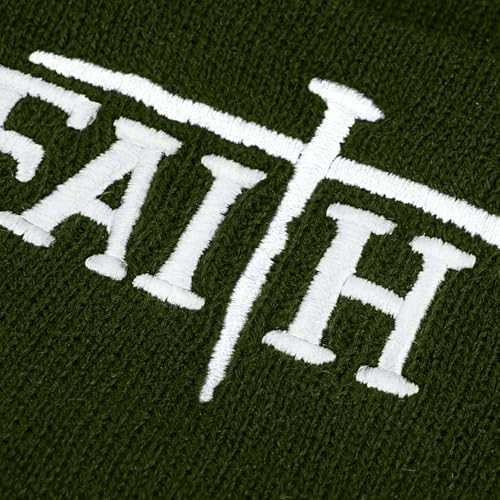 Christian Jesus Cross Beanie - Faith Winter Beanie Hats for Men Women - Religious Gifts for Christmas & New Years - color: Faith-white Cross/Olive Green
