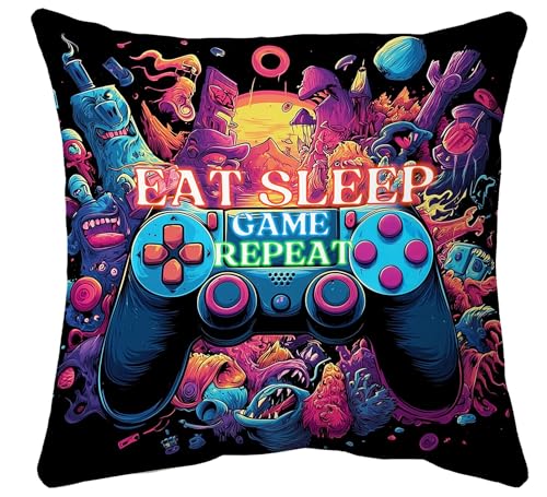 Voatok Gaming Pillow Cover 18x18, Gaming Room Decor, Eat Sleep Game Repeat Video Game Decorative Throw Pillow Cover Pillowcases Decorations for Kids Boy Room Bedroom Playroom Sofa Bed Couch Decor - color: Game-1