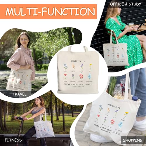 Christian Canvas Tote Bag for Women, Whatever Is Think About Such Things Bible Tote, Bible Verse Religious Gift Bag, Floral Library Book Bag, Inspirational Shoulder Bag Gifts for Women Friends -33