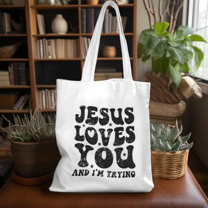 VICBOU Bible Verse Canvas Tote Bag Religious Christian Gifts for Women Men Faith Canvas Tote Reusable Grocery Bag - color: Jesuslovesyou