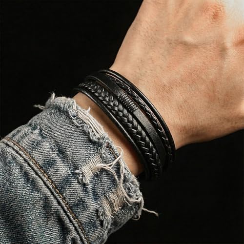 Grevosea Men's Braided Bracelet, Adjustable Brown Knot Mens Leather Multi-strand Bracelet Gift for Husband Boyfriend - color: Black