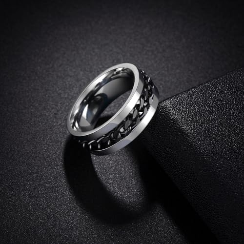 Mens Fidget Rings Anxiety Ring for Men 6mm 8mm Chain Spinner Ring Size 5-14 - color: Silver Black