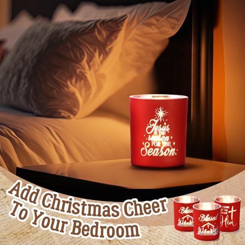 Mumufy Set of 6 Christmas Nativity Votive Candle Holders with 10 Candles Advent Tealight Holders Red Christmas Glass Centerpiece for Xmas Table Decoration Home Party Wedding
