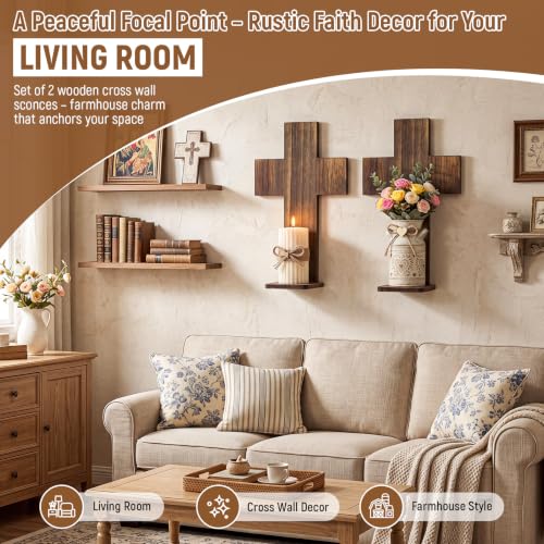 2 Pack Wooden Cross Wall Candle Sconces Farmhouse Hanging Wall Decor