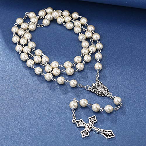 Rnivida Catholic Pearl Beads Rosary Necklace Metal Beaded Miraculous Medal & Cross Rosary for Women - color: Pearl