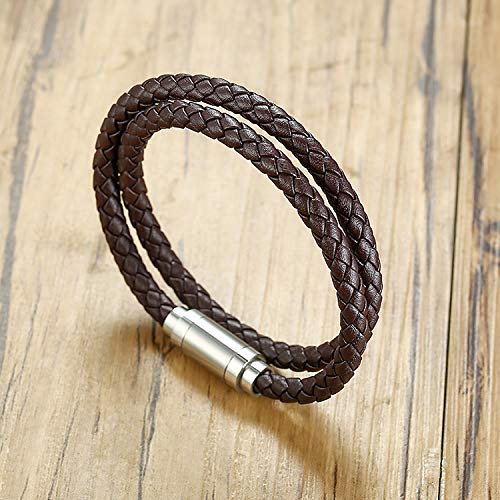 globi Leather Bracelet For Men | Genuine Wrap Braided Leather Cuff Bangle Bracelet with Magnetic Stainless Steel Clasp For Men/Women - color: Brown