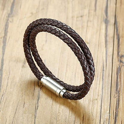 globi Leather Bracelet For Men | Genuine Wrap Braided Leather Cuff Bangle Bracelet with Magnetic Stainless Steel Clasp For Men/Women - color: Brown