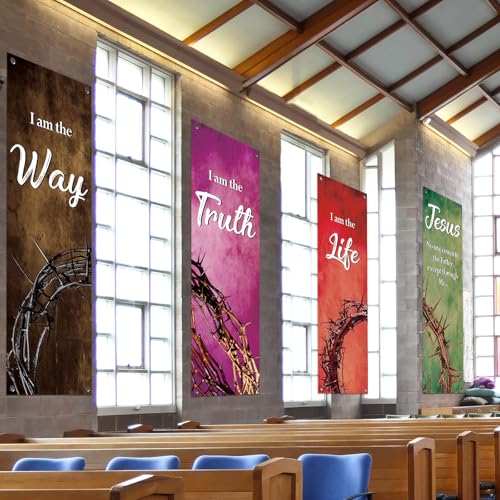 4Pcs Easter Church Banners for Sanctuary Wall Religious Banners Hanging Backdrop Praise Hanging Sign with Scripture Bible Verses Banner Easter Banner for Church School Decor(Crown of Thorns) - style: Crown of Thorns