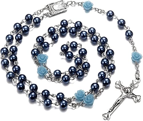 SZQCZB Rosary Beads Catholic Necklace Holy Soil Medal Cross Crucifix with Metal Box and 18pcs Prayer Cards - color: Blue