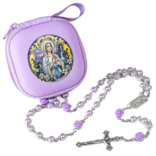 Handmade Rosary Beads for Women, Elegant Catholic Gifts for First Communion, Confirmation & Spiritual Prayer, Unique Beaded Rosary Necklace with Zippered Case - color: Light Purple - Our Lady of Lourdes