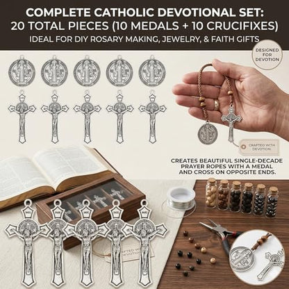 20 Pcs Catholic Rosary Making Kit, 10 St. Benedict Medals & 10 Crucifix Cross Pendants, Antique Bronze Metal Charms Connectors for DIY Pocket Rosaries, Necklaces and Jewelry Crafts (Antique Silver) - color: Antique Silver