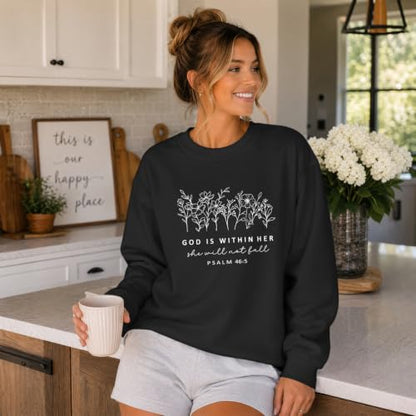 Christian God Is Within Her Sweatshirts Jesus Faith Religous Hoodie Bible Verse Floral Graphic Inspirational Shirts - color: Black, size: X-Large