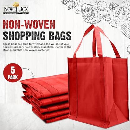 Novel Box 5Pack Non-Woven Reusable Reinforced Tote Bags 13x15x10in with Handle-Heavy Duty Foldable Bag for Groceries & Picnic - color: Red