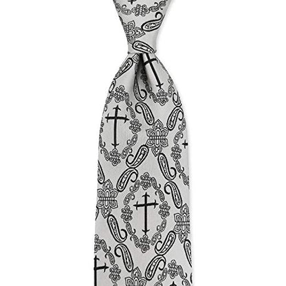 KOOELLE Mens Novelty Religous Necktie Christian Cross & Paisley Tie - color: Silver Gray