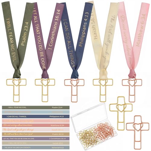 Resurhang 80 Pack Heart Cross Paper Clips with Ribbons 40 Gold, Rose Gold Bible Paper Clips 40 Christian Bookmark Ribbons Bible Study Journaling Supplies Easter Eggs Fillers Women Christian Gifts - color: Gold, Rose Gold