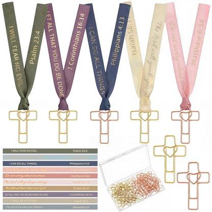 Resurhang 80 Pack Heart Cross Paper Clips with Ribbons 40 Gold, Rose Gold Bible Paper Clips 40 Christian Bookmark Ribbons Bible Study Journaling Supplies Easter Eggs Fillers Women Christian Gifts - color: Gold, Rose Gold