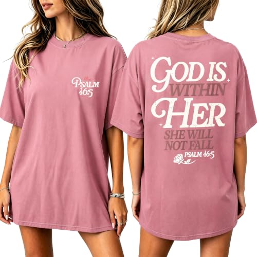 Muicy Womens Psalm 46 5 God is Within Her Christian Bible Verse Oversized T Shirt 2026 Summer - color: Blush Pink, size: Medium