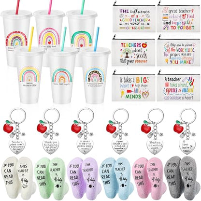 Funnymoom 24 Pcs Teacher Appreciation Gift from Students 2026 End of Year Thank You Gifts Bulk 24 oz Plastic Tumbler Cup Makeup Cosmetic Bag Crew Sock Keychain for Retirement - style: Rainbow