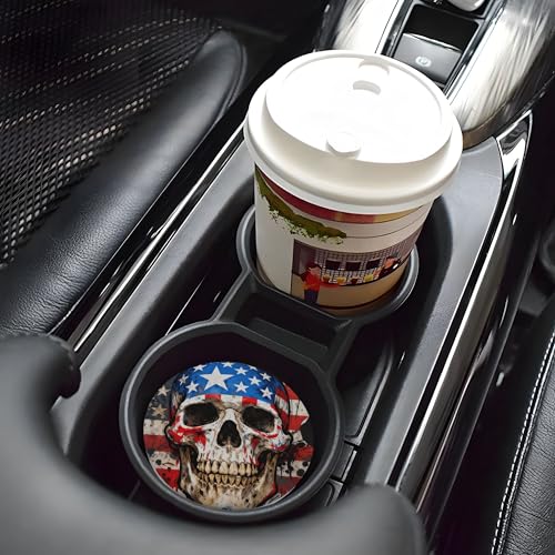 American Flag Skull Car Cup Holder Coasters 2 Pack 2.63" for Women - color: Beige‌