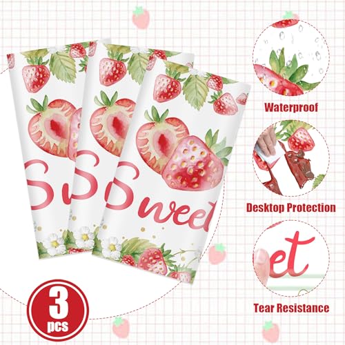 3Pcs Strawberry Plastic Tablecloth, Disposable Berry Sweet One Table Cover - color: Strawberry