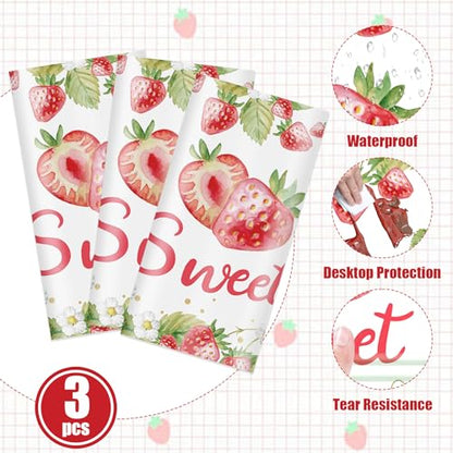 3Pcs Strawberry Plastic Tablecloth, Disposable Berry Sweet One Table Cover - color: Strawberry