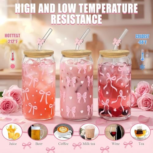 Glass Cups with Lids and Straws, 6Pack, 16oz, Pink Bow - style: Pink Bow